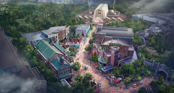 Monsters Inc. land concept art replacing Muppets Courtyard.