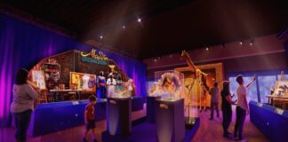 Concept art of 'Disney on Broadway' exhibit in EPCOT's CommuniCore Hall.