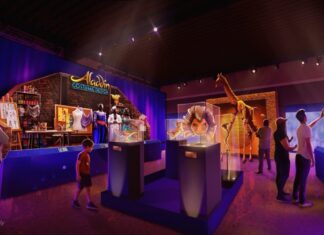 Concept art of 'Disney on Broadway' exhibit in EPCOT's CommuniCore Hall.