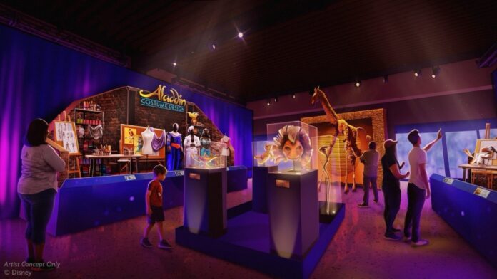 Concept art of 'Disney on Broadway' exhibit in EPCOT's CommuniCore Hall.