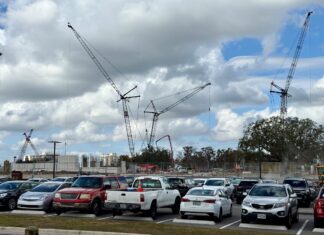 Cranes working on Disney Lakeshore Lodge project.