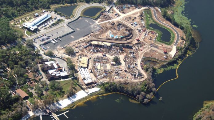 Aerial construction pictures of Disney Lakeshore Lodge at Walt Disney World.