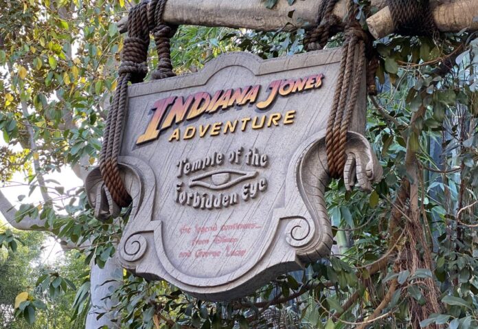 Sign for Indiana Jones Adventure at Disneyland Park.