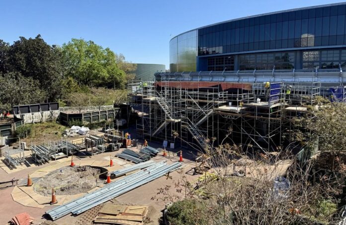 Construction taking place on the outside of the updated Test Track at EPCOT.