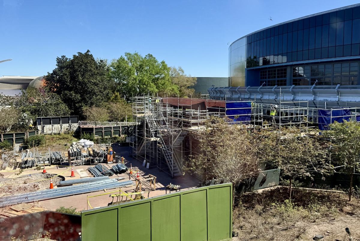 Scaffolding around the outside of Test Track's entrance.