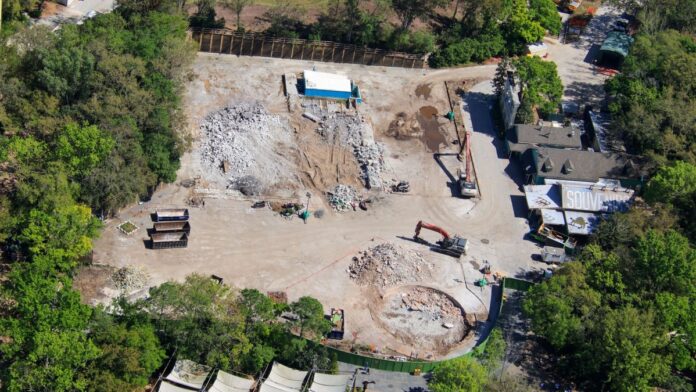 Aerial view of the demolition of DinoLand USA at Disney's Animal Kingdom.