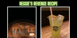 Collage of the outside of Jock Lindsey's Hangar Bar and Reggie's Revenge Drink.