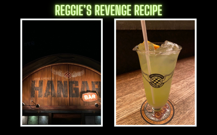 Collage of the outside of Jock Lindsey's Hangar Bar and Reggie's Revenge Drink.