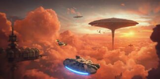 Concept art of Cloud City with Mandalorian for new Smugglers Run mission.