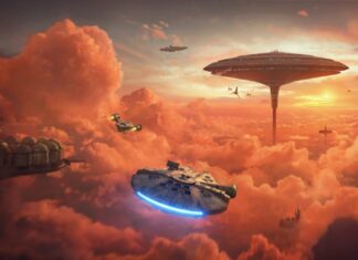Concept art of Cloud City with Mandalorian for new Smugglers Run mission.