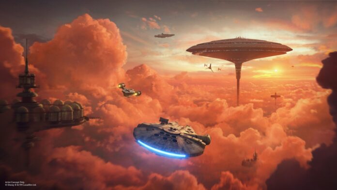 Concept art of Cloud City with Mandalorian for new Smugglers Run mission.