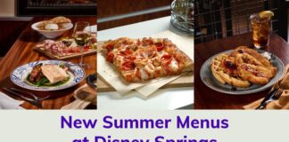 Collage of new summer menu items at Disney Springs dining locations.
