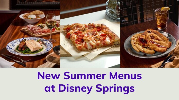 Collage of new summer menu items at Disney Springs dining locations.
