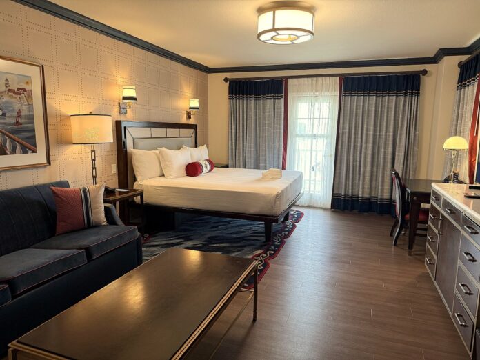 An updated King room at Disney's Yacht Club resort.