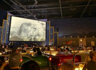 View of the inside of Sci-Fi Dine-In restaurant.