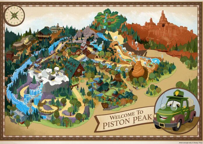 Cartoon concept art of Piston Peak in Magic Kingdom.