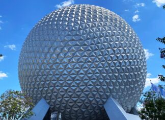 Exterior of Spaceship Earth at EPCOT during the day.