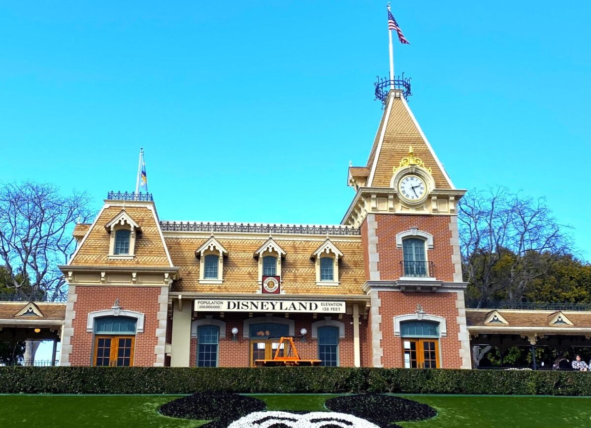 Exterior of Disneyland's main entrance and train station.