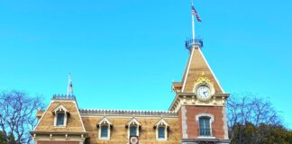 Exterior of Disneyland's main entrance and train station.