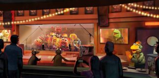 Concept art showing the Muppets in the recording studio at Rock 'n' Roller Coaster.