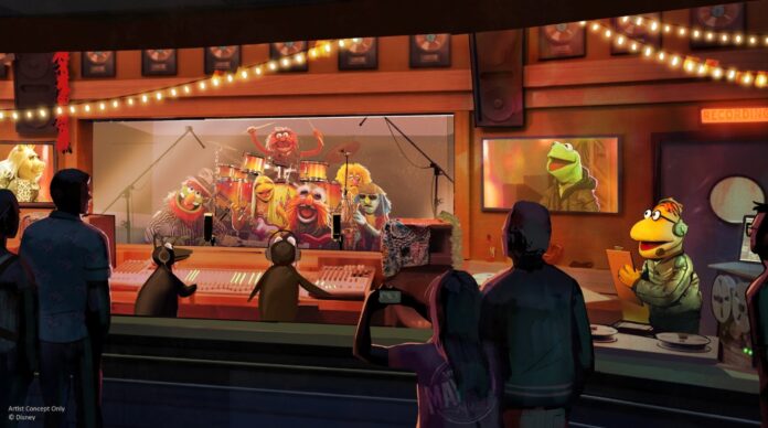 Concept art showing the Muppets in the recording studio at Rock 'n' Roller Coaster.