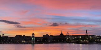 Disney's Yacht Club resort at sunset.