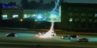 A stray firework shell hits the road just outside Disneyland.