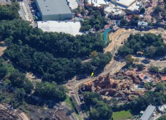 Aerial picture of a demolished Fort Langhorn at Magic Kingdom.