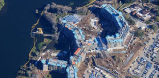 Aerial view of the construction of Disney Lakeshore Lodge.