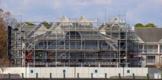 Scaffolding Surrounds Much of Disney’s Yacht & Beach Club Resorts for Exterior Refurb Scaffolding up around the outside of Disney's Yacht Club Resort.
