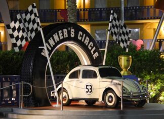 Disney’s All-Star Movies Refurbishing Rooms Beginning in May 2026 Herbie the Love Bug car parked outside All-Star Movies Resort.