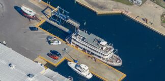 The Liberty Belle Riverboat Still Exists – For Now Aerial picture of the Liberty Belle Riverboat backstage.