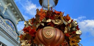 Cinderella pumpkin decoration on a light post at Magic Kingdom.