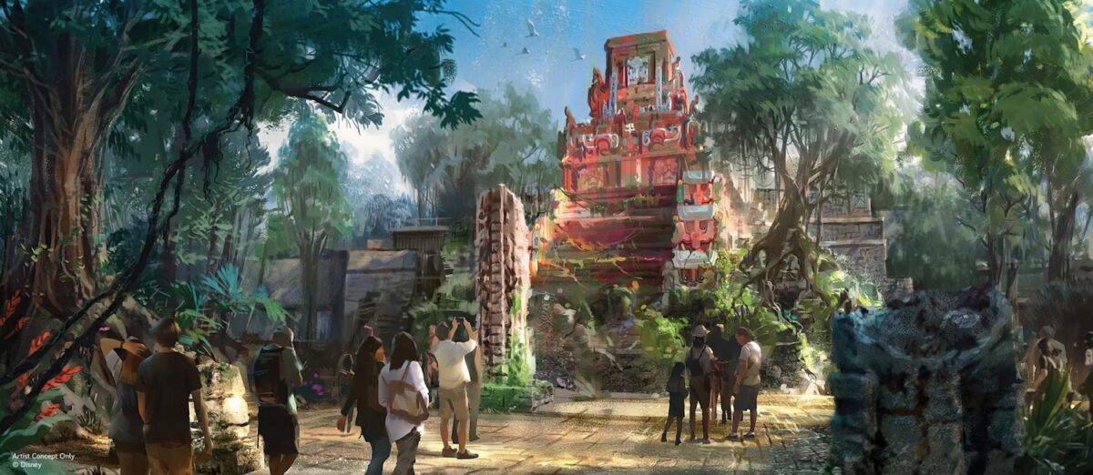 Concept art of the exterior of the Indiana Jones ride at Disney's Animal Kingdom.