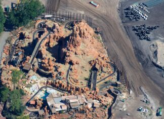 Barrier Going Up to Hide Villains Land Construction Near Big Thunder Mountain Railroad Aerial picture of a new wall being built near Big Thunder Mountain Railroad.