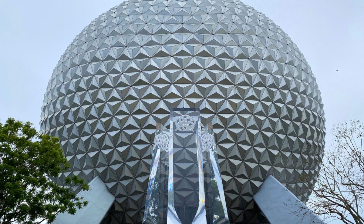 Fountain and Spaceship Earth during the day at EPCOT.