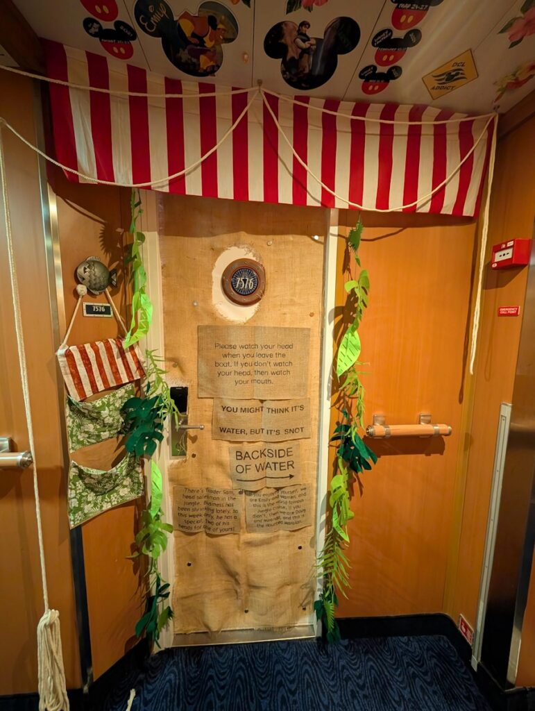 Jungle Cruise decorations on a stateroom door.