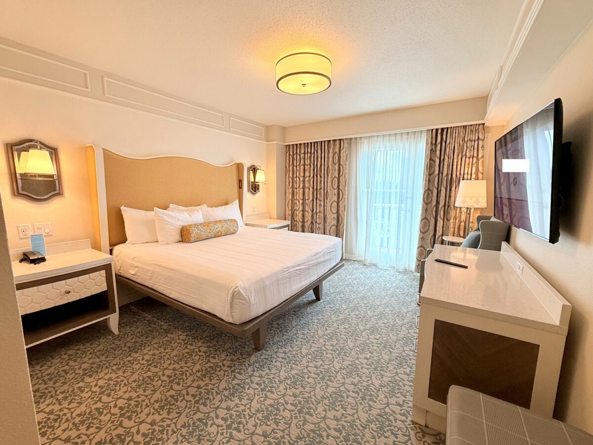 Bedroom area of a one-bedroom villa at Disney's BoardWalk.