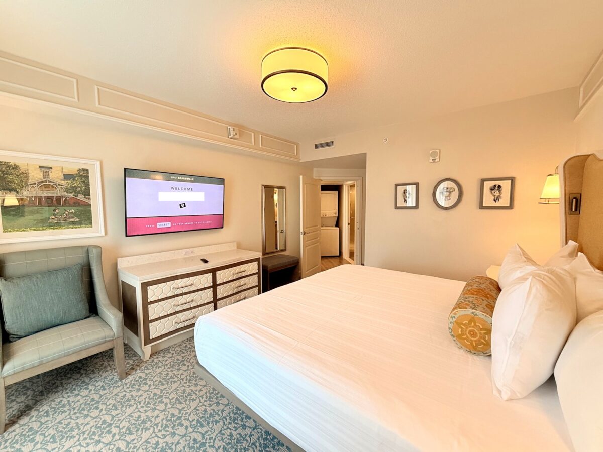 Bedroom area of a one-bedroom villa at Disney's BoardWalk.