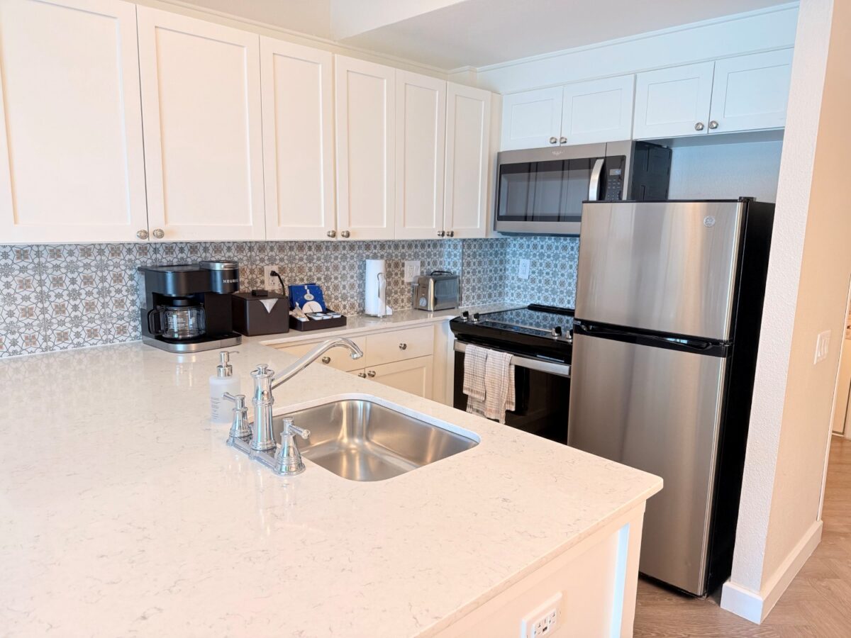 Kitchen area of a one-bedroom villa at Disney's BoardWalk.
