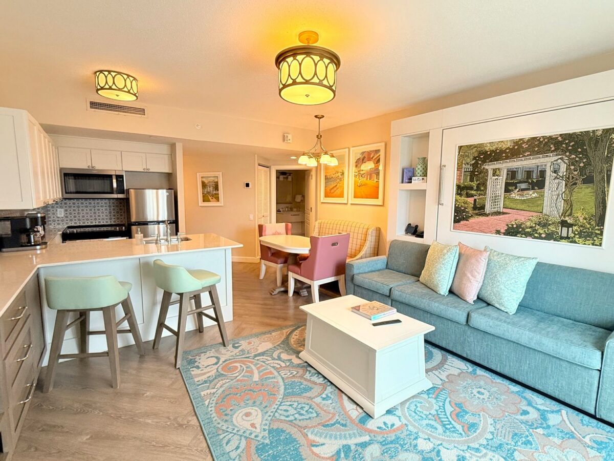 Living room area of a one-bedroom villa at Disney's BoardWalk.