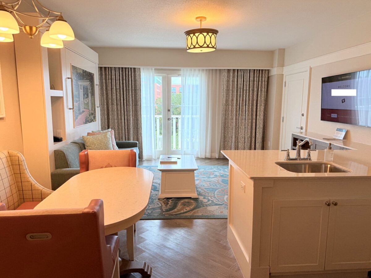 Living room area of a one-bedroom villa at Disney's BoardWalk.