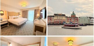 Disney’s BoardWalk Villas 1-Bedroom Villa Review (Garden/Pool View) Collage of 4 pictures of a one-bedroom Disney BoardWalk villa.