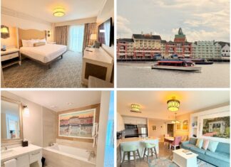 Disney’s BoardWalk Villas 1-Bedroom Villa Review (Garden/Pool View) Collage of 4 pictures of a one-bedroom Disney BoardWalk villa.