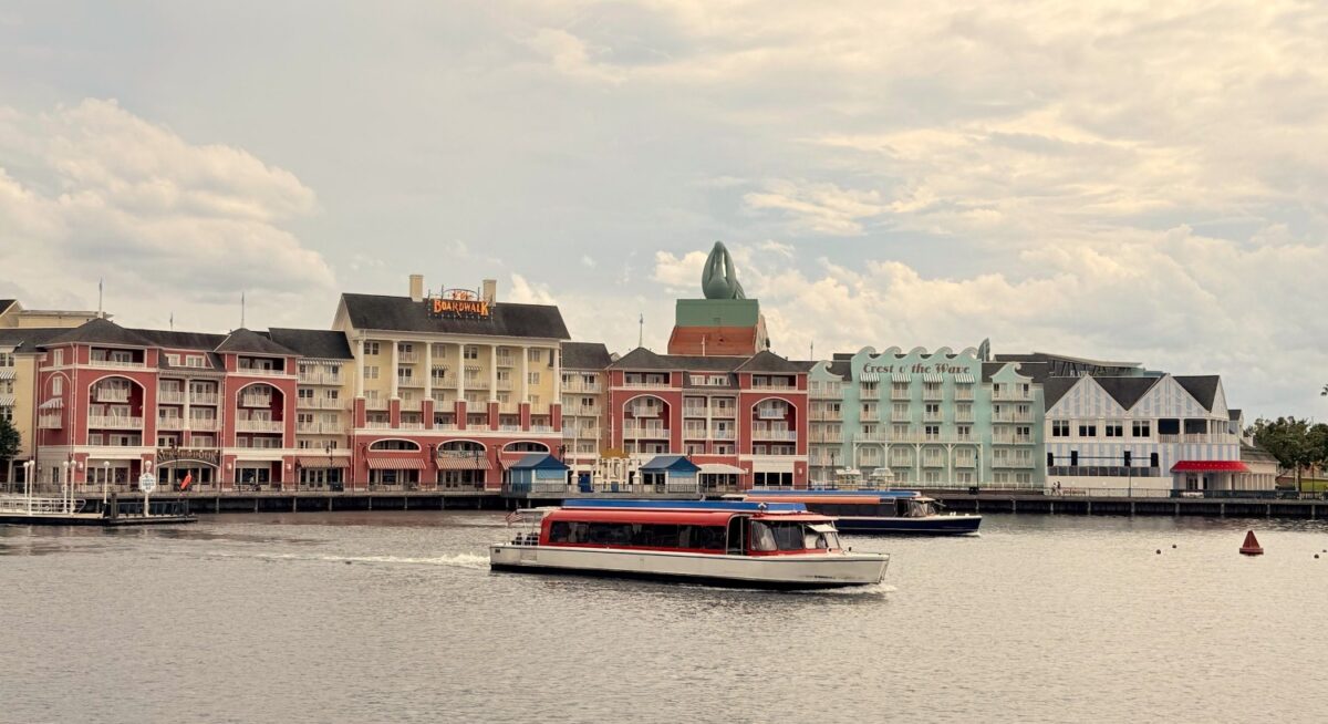 View across the water looking at the outside of Disney's BoardWalk.