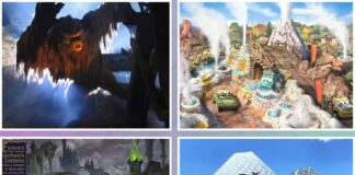 The Best and Most Surprising Disney Parks Announcements from D23 2026 Collage of 4 pictures - Expedition Everest Yeti, Cars Ride, Maleficent Coaster, Figment