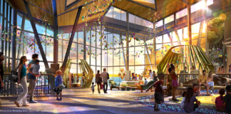 Disney’s Lakeshore Lodge Gets New Concept Art with Pocahontas & Nature Inspiration Lakeshore Lodge lobby concept art showing colorful glass leaves.