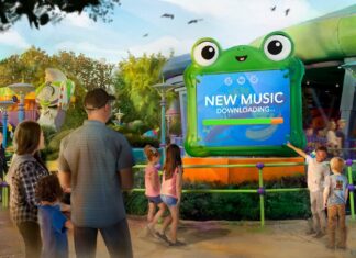 Alien Swirling Saucers Getting New Soundtrack Featuring Lilypad Character Concept art of Lilypad update at Alien Swirling Saucers ride.
